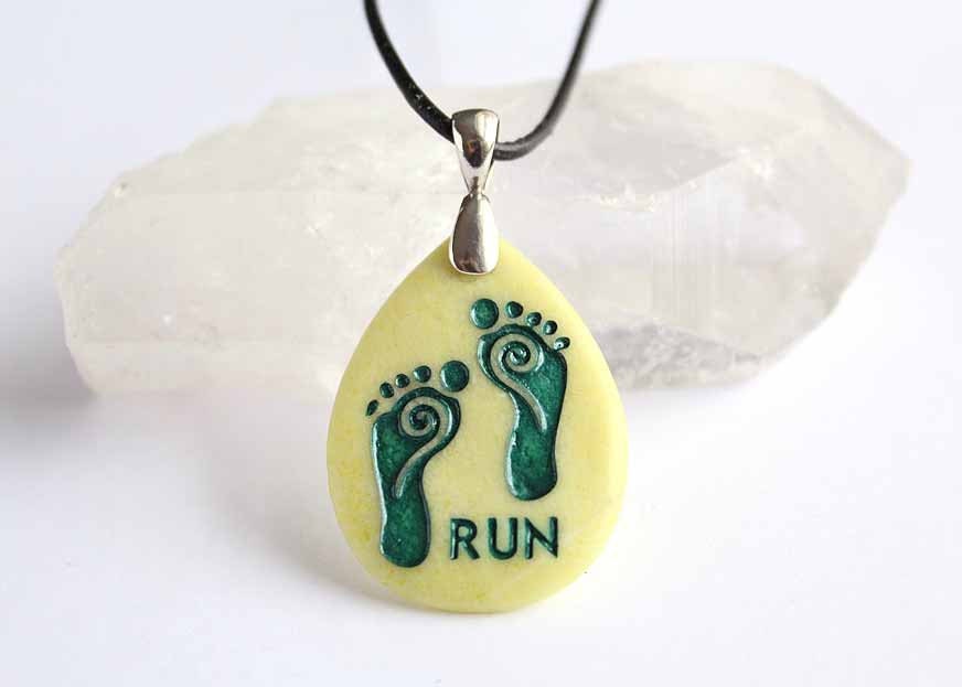Minimalist or Barefoor Running - Engraved Stone Jewelry Pendant - Lemon Snow Jade