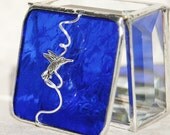 Stained Glass Jewelry Box Cobalt Royal Blue 2x2 Engagement Ring Box w/ Silver-plated Pewter Hummingbird Wedding Ceremony Handmade OOAK