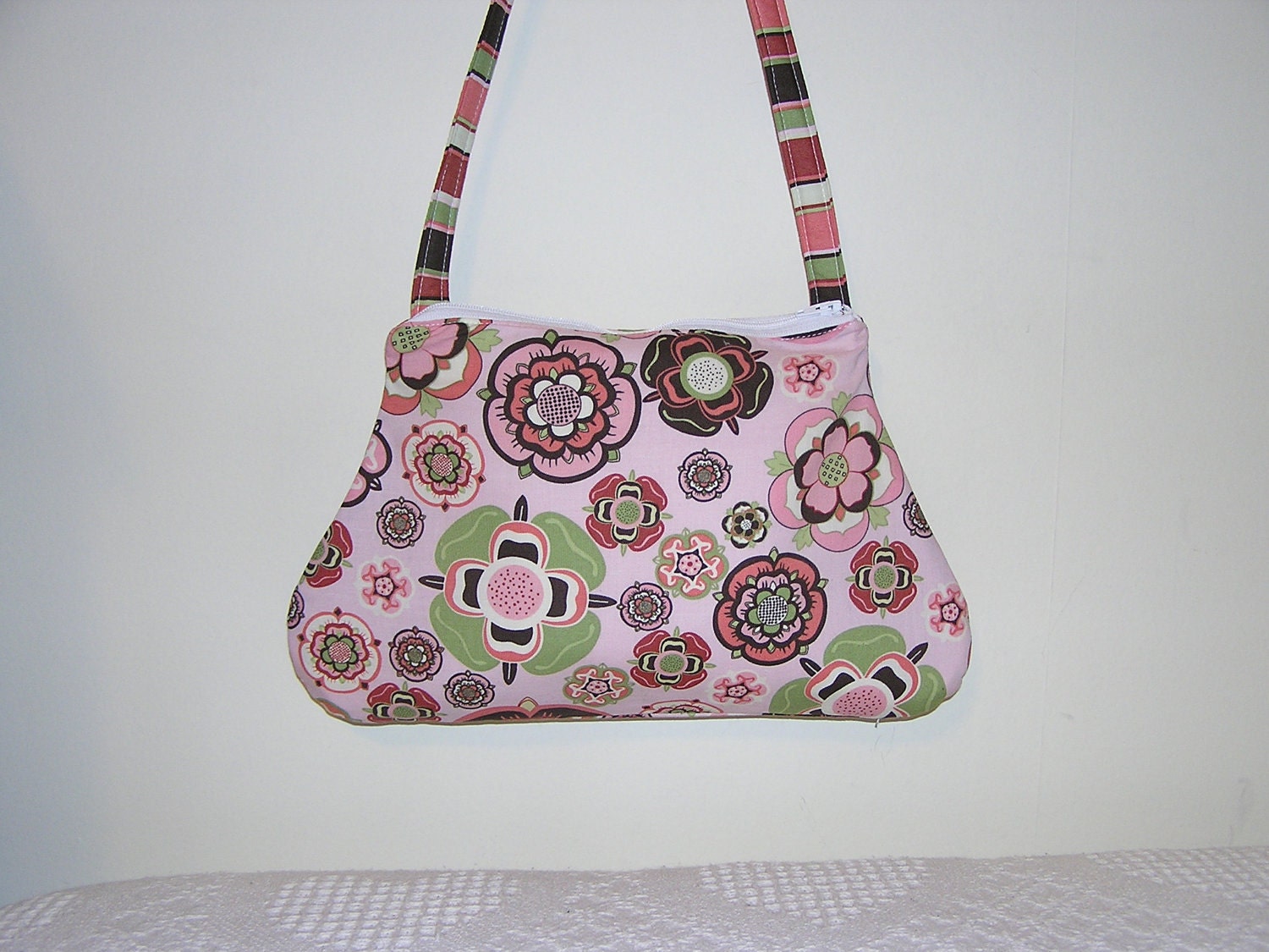 CLOSING SALE-Cross Body Bag Purse Pink Sage Brown Florals/Stripes