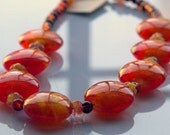 Venetian Style Glass Beaded Necklace, Bright Orange Foil-Lined Beads, Glam Fashion Statement
