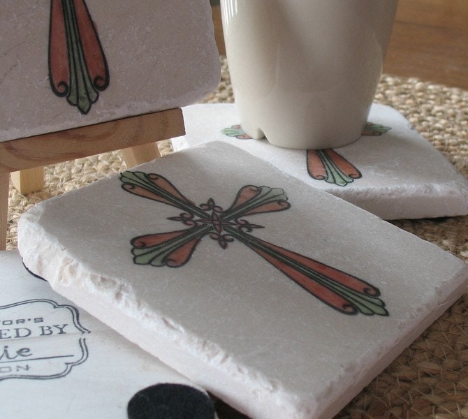 Absorbent Tile Coasters, Elegant Cross, Set of 4