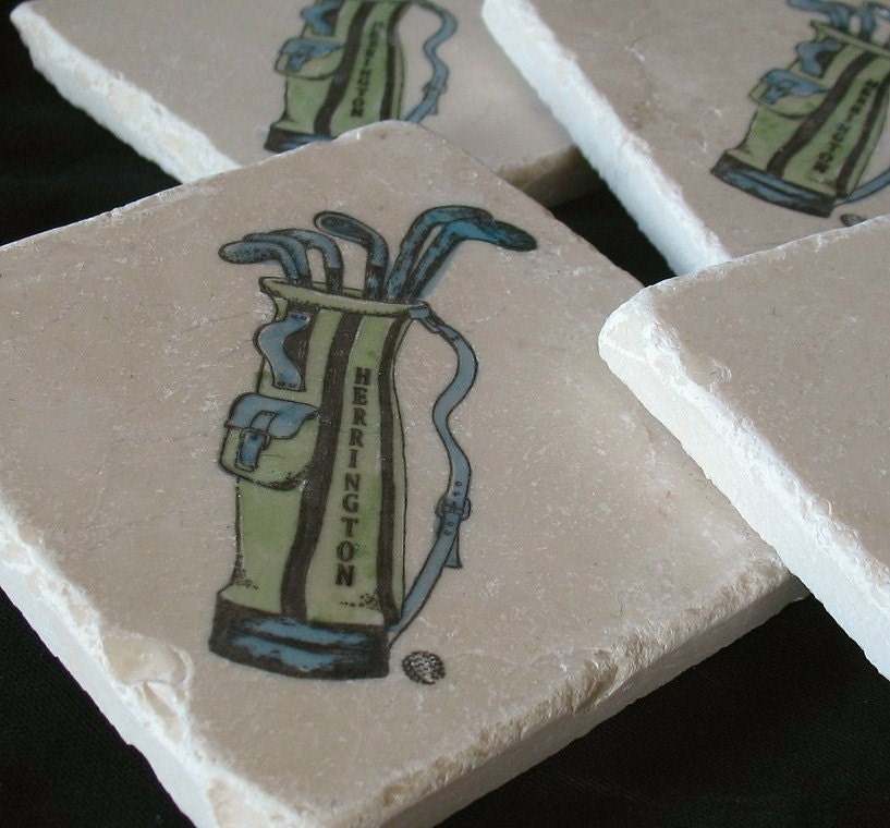 Personalized Golf Bag Tile Coasters, Set of 4