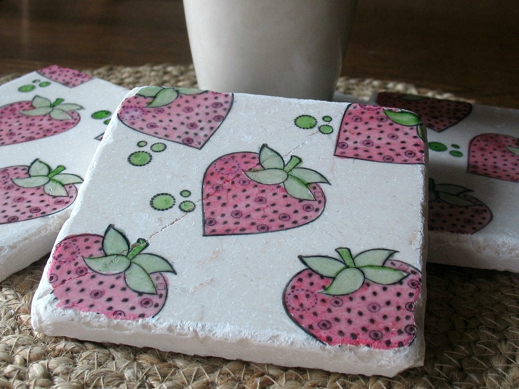 Whimsical Pink Strawberry Coasters, Set of 4