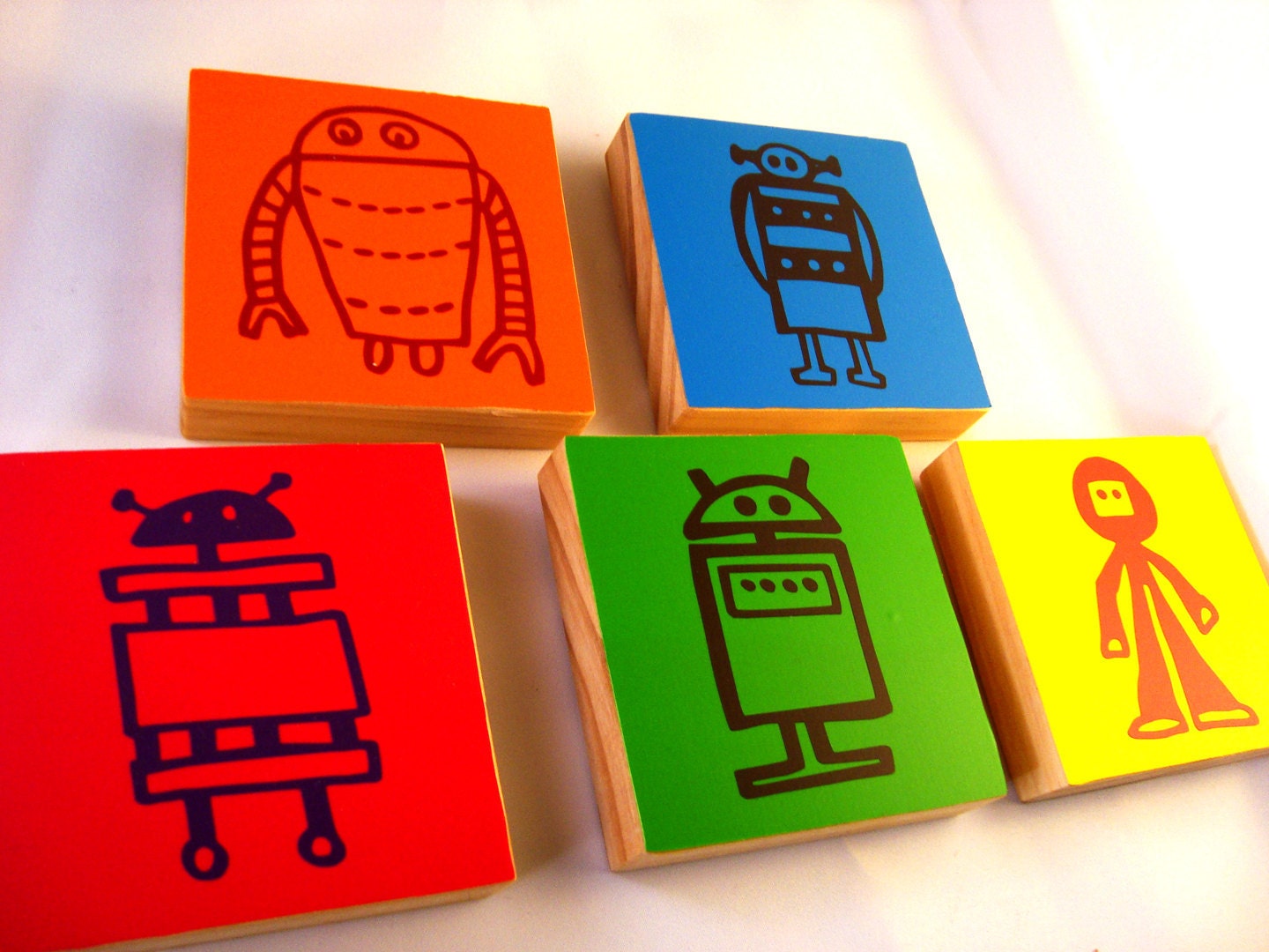 Robot Art- Set of FIVE colorful wooden robot blocks