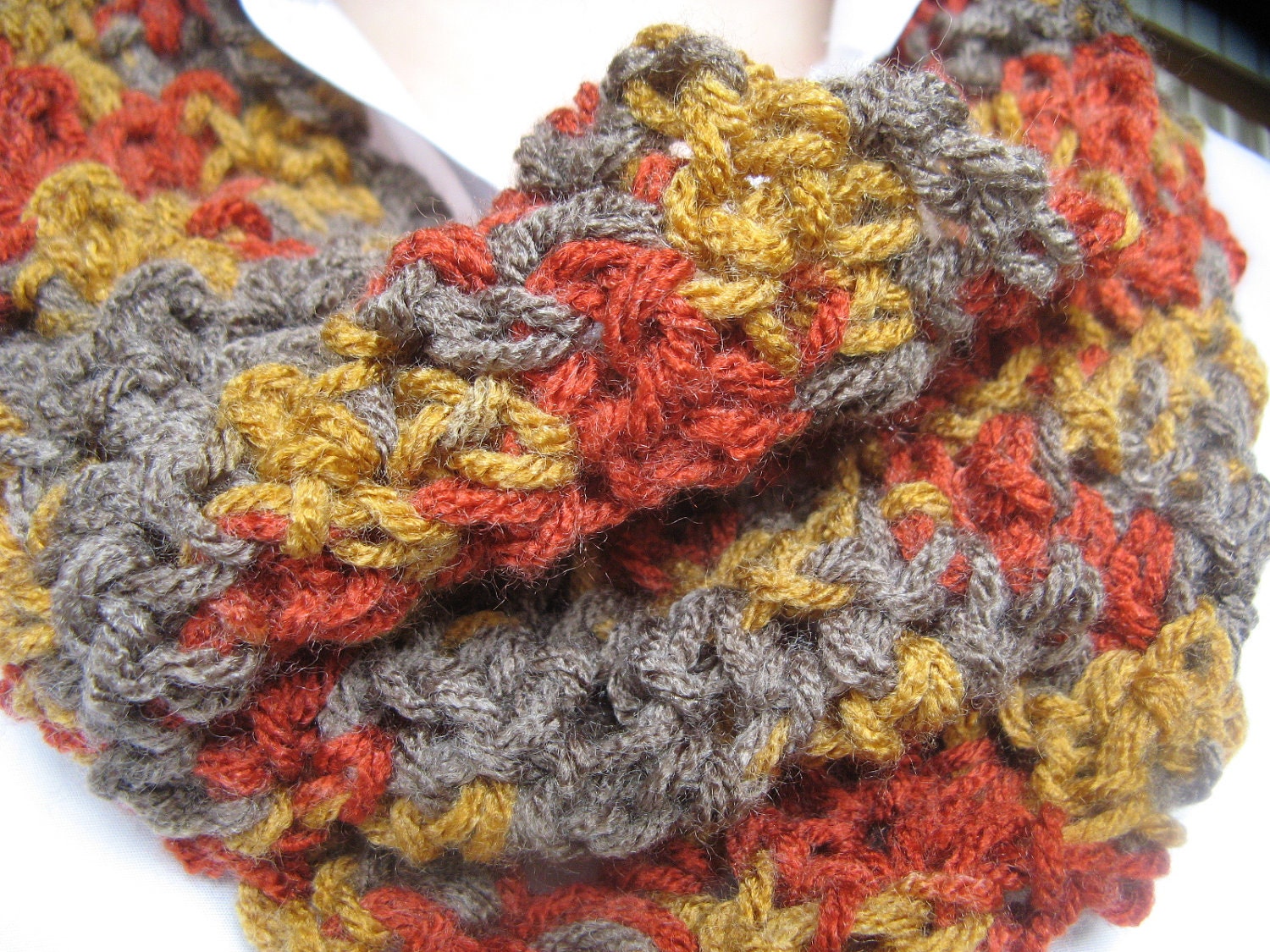 Cowl Scarf Crochet Infinity Neck Warmer Gray Gold Brick Red