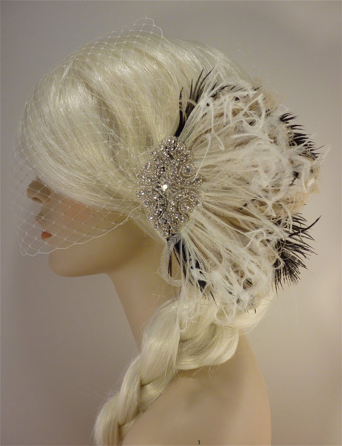 Hollywood Glitz  2-  Bridal Fascinator, Rhinestone Hair clip, Feather Fascinator, Bridal Veil, Wedding Veil, Ivory and Black
