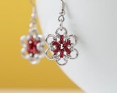 Chainmaille earrings flower posy - red flower and silver chainmail for women