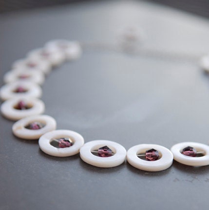 White Shell Donut Disc Necklace with Amethyst Purple Swarvoski Crystals