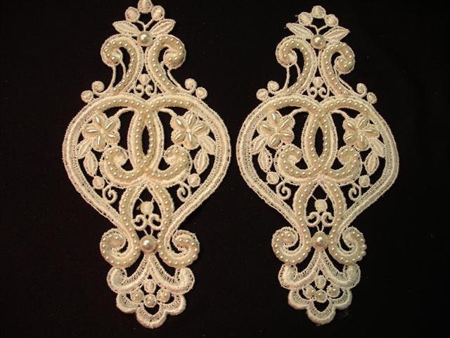 Vintage White Beaded Pearl Wedding Appliques - 1 Pair (J)