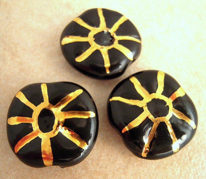 3 Kazuri African Beads, Kazuri Beads, Glazed, Black Sunburst, 14k Gold Filled Carved Sun, Made in Kenya