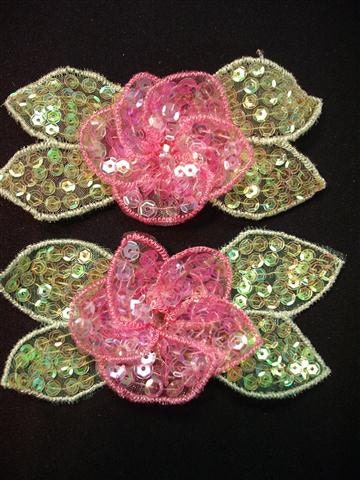 Vintage Lime Green And Pink Sequined  Appliques - 1 Pair