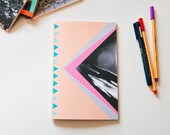 Notebook, A5 sized, peach and blue triangles, geometric shapes and photo cover, perfect bound - RibbonSquirrel