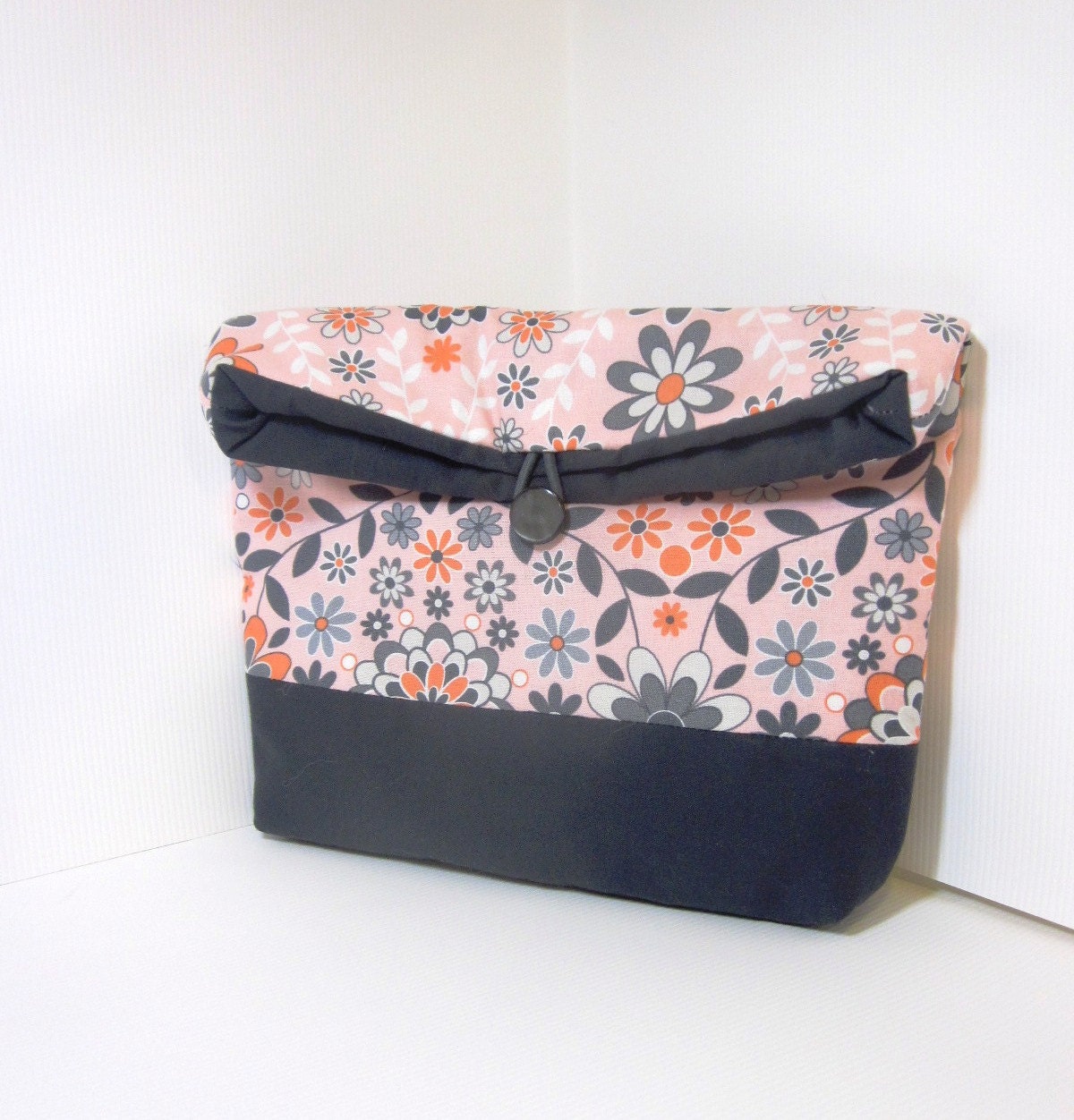 Flat Bottom Fold Over Button Clutch - Pink and Grey Floral