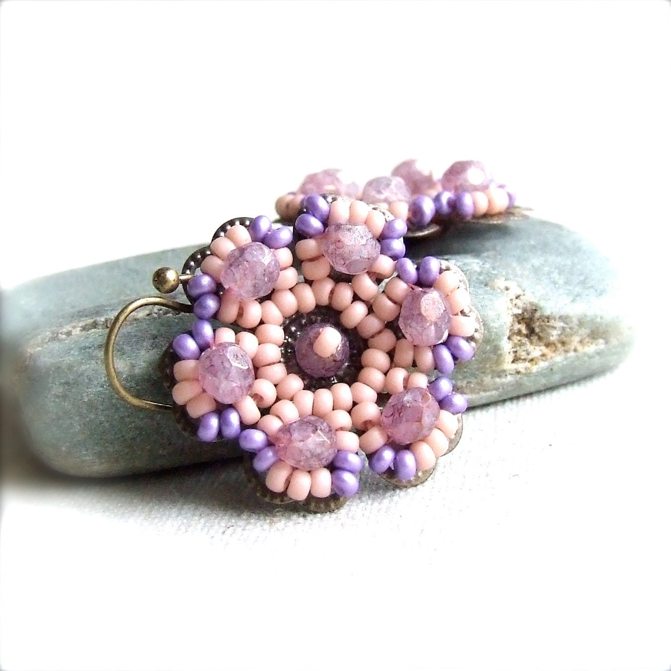 Glass Seed Bead, Brass Flower -Beadwoven Earrings -Petalage in Pink and Lavender - Handmade Fashion
