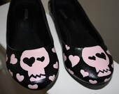 Rocker Grrrl Ballet Flats With Pink Skulls, Womens size 8.5