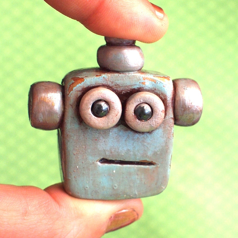 Robot Face Brooch Rustic Blue and Silver MADE TO ORDER Geek Jewelry Gift - Clay, Wire, Paint