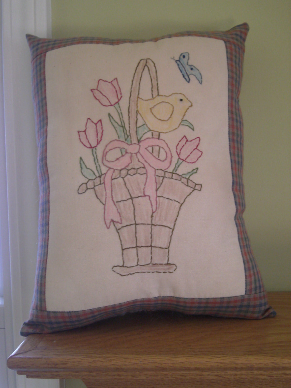Pillow, Easter,  Primitive, Hand Embroidery, Homespun