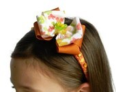 Butterfly Bow Headband White Ribbon with Orange, Green and Yellow Butterfly Print Bow with Butterfly Center and Jewels.