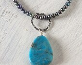 SALE Turquoise Necklace Sleeping Beauty Pendant Silver Peacock Pearls