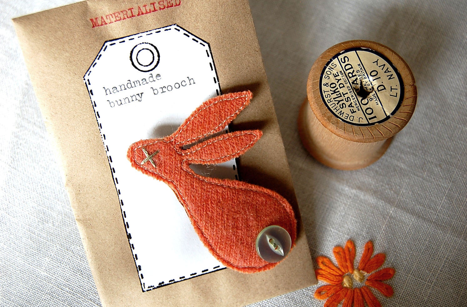 Orange eco textile bunny brooch