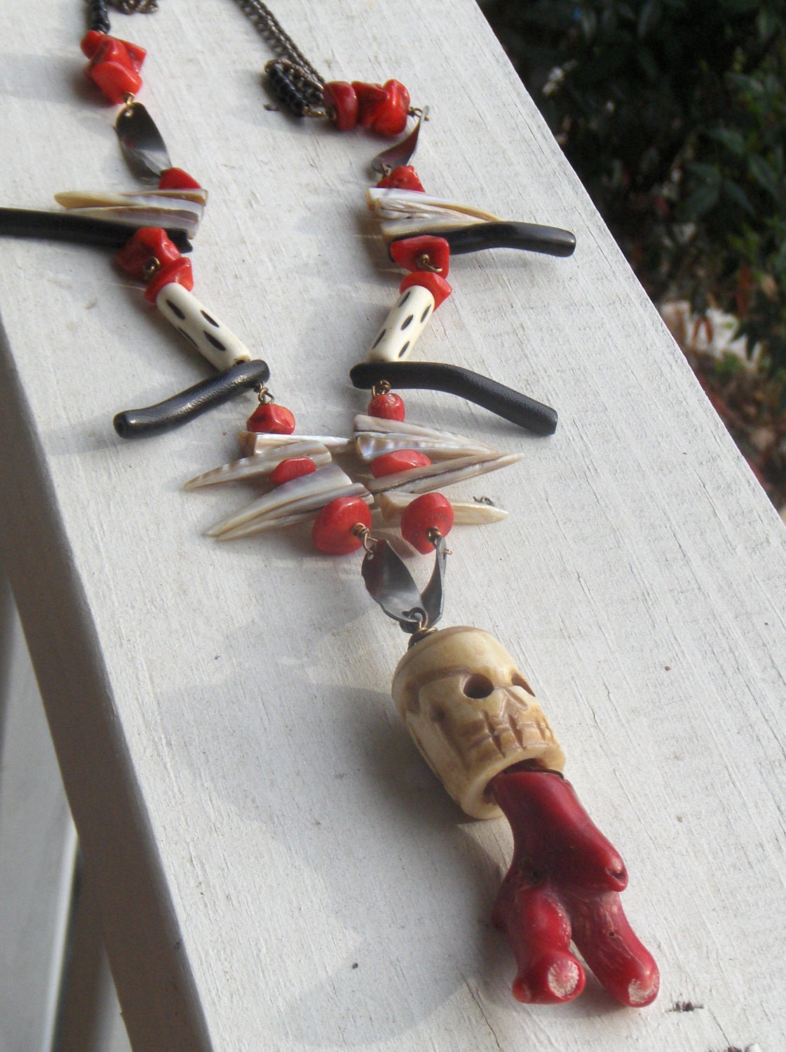 Cannibal Island - Carved ivory Skull, Mother of Pearl spikes  and Coral Tribal Unisex Necklace Handmade