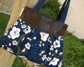 Ultrasuede Hand Painted Pleated Handbag with White Cherry Blossoms on Navy Blue Suede with Faux Leather Trim