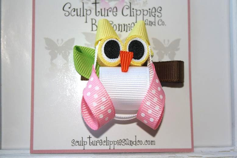 Woot Woot Wise Owl Ribbon Sculpture Bow. Pink Yellow White Bird Owl Ribbon Clip.  Free Ship Promo.