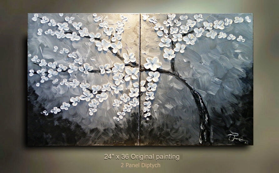 ORIGINAL 2 canvases diptych tree white Flowers grey canvas Painting Art Landscape artwork 36x24 Modern Texture Made to Order by OTO