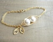 Personalized 2 Peas in a Pod Bracelet wrapped in Gold Filled Wire - Choose your INITIAL and PEARL COLOR - Mom, Mother, Mother's Day