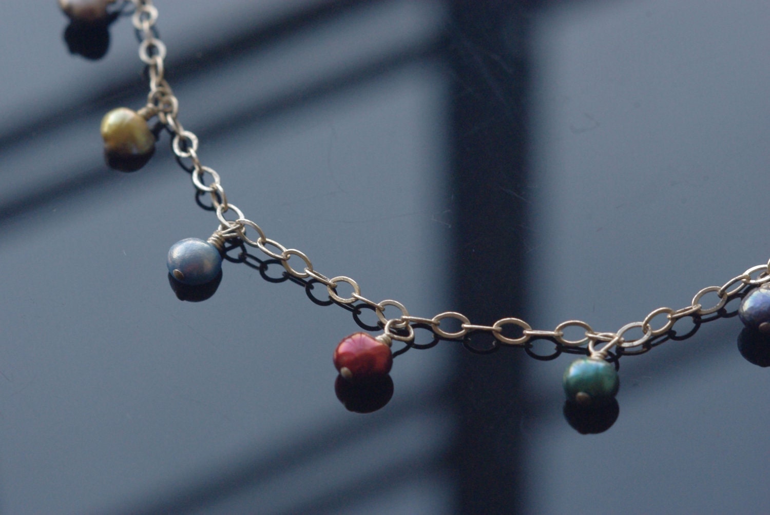 Neon Multicolor Pearl and Silver Chain Choker Style Necklace