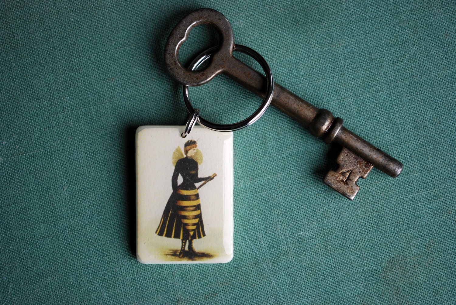 Recycled Upcycled Rummikub Tile Keychain - Bee Woman