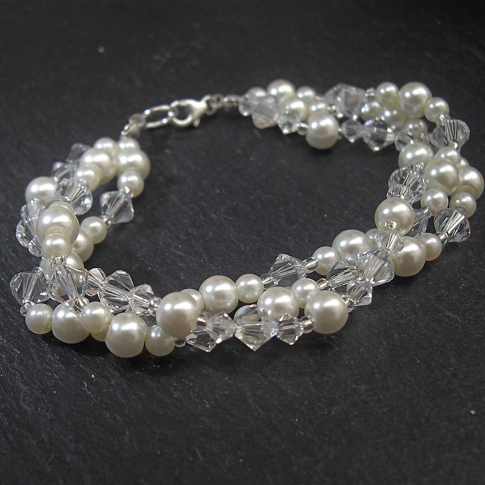 Bridal Bracelet, Pearl and Swarovski Crystals, multistrand, Weddings