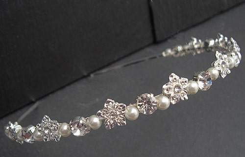 Wedding Headband - rhinestone flower and pearls , Bridal, Silver Diamante and Pearl