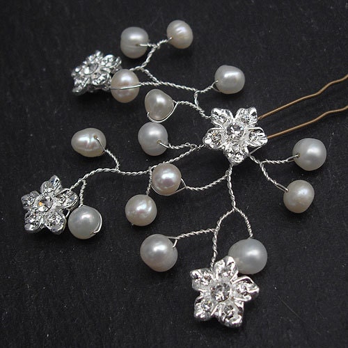 Bridal Hair Pin - Fresh Water Pearls and Rhinestone Flowers