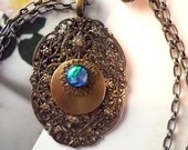 Pendant with Filigree and Blue Green Vintage Glass