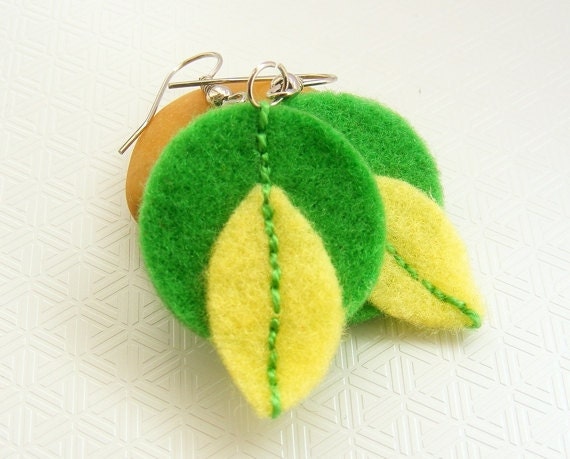 Spring leaf - Green felt earring with yellow leaf shape in fresh spring colours