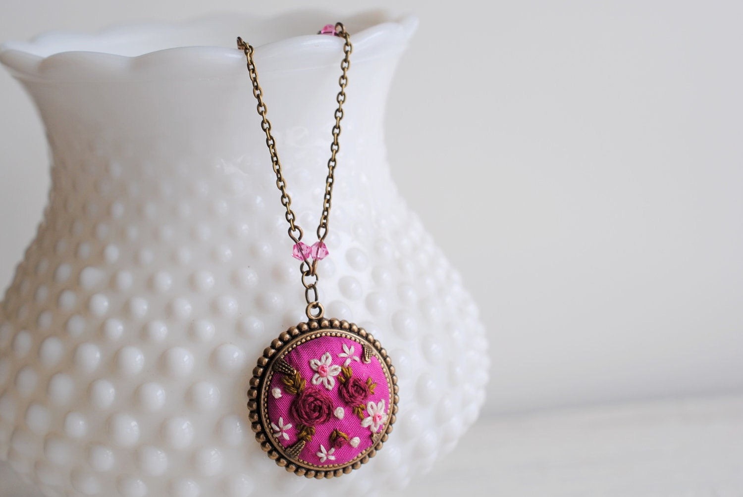 Vintage Inspired Floral Pendant Necklace, fuschia pink embroidered silk