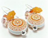 Tangerine Orange Etched Vintage Bead Earrings w/ Carnelian and Czech Crystal-Orange Jewelry-Flower Jewelry-Spring Jewelry-Sterling Silver