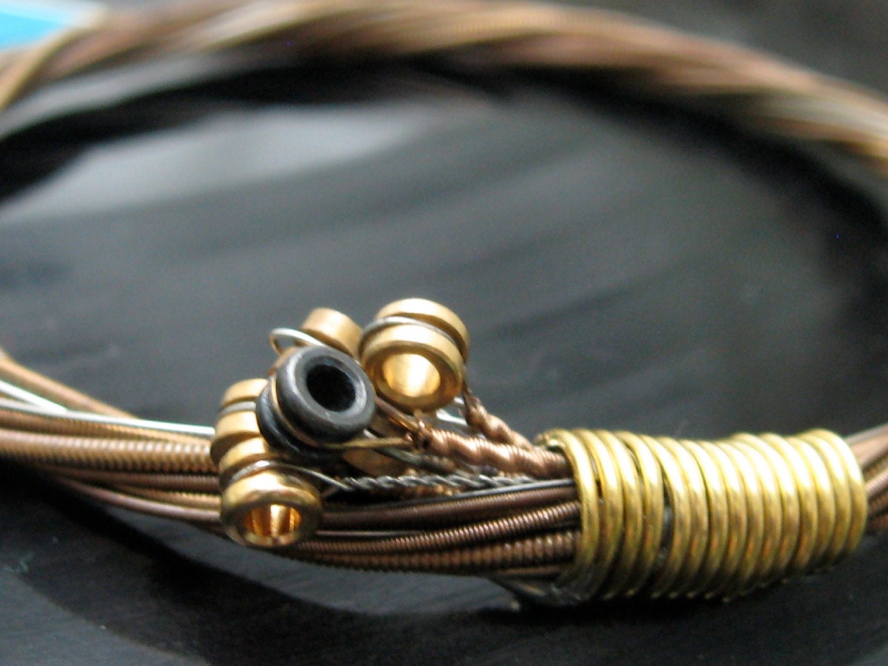 Recycled Acoustic Guitar String Bracelet gold colored with brass ball ends attached Mens or Womens EXTRA SMALL free shipping to US