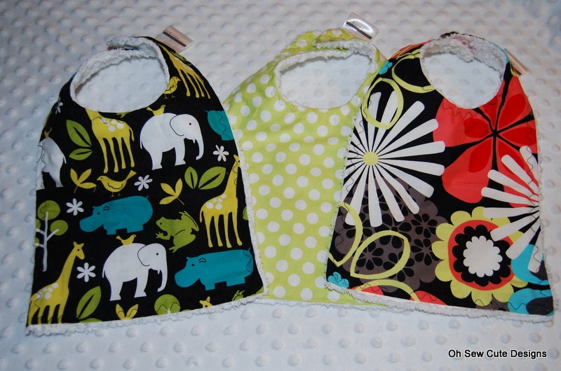 Cute Boutique Chenille Snap Bib Set of Three---Your Choice of Fabric