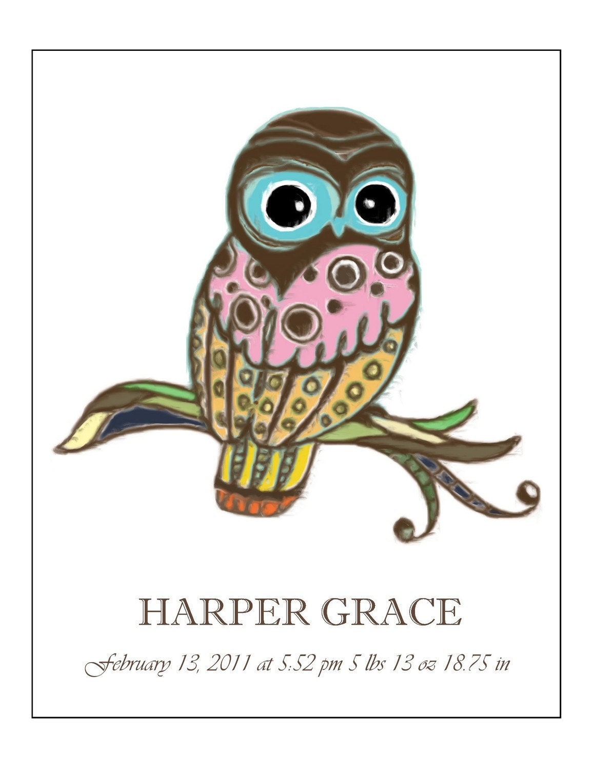 Owl  - Girl Birth Announcement - Art Print 8x10