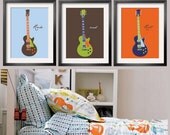 Guitar Art Children's Wall Art in blue, brown, orange and  lime green 3 pc set 11x14 by Yassisplace.etsy.com