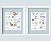 Alphabet and Numbers 2 pc Modern Children's Art in green, brown, gray and blue 13x19