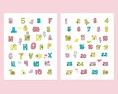 Bulgarian Alphabet, Numbers and Birds- Modern Wall Art in pink, blue, yellow and green 8x10