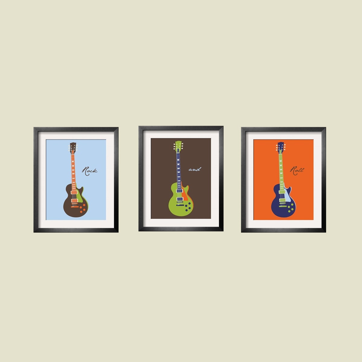 Guitars - Modern Children's Art in blue, brown, orange and  lime green 3 pc set 8X10 by Yassisplace.etsy.com