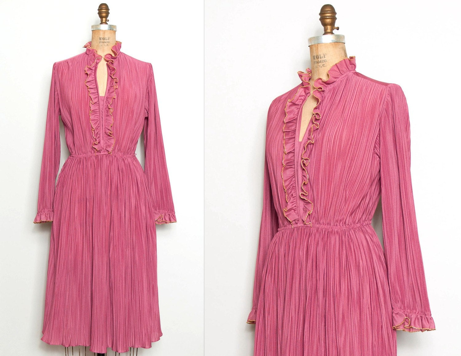 vintage 1970s dress / 70s dusty rose ruffled pleated dress  (small - medium)