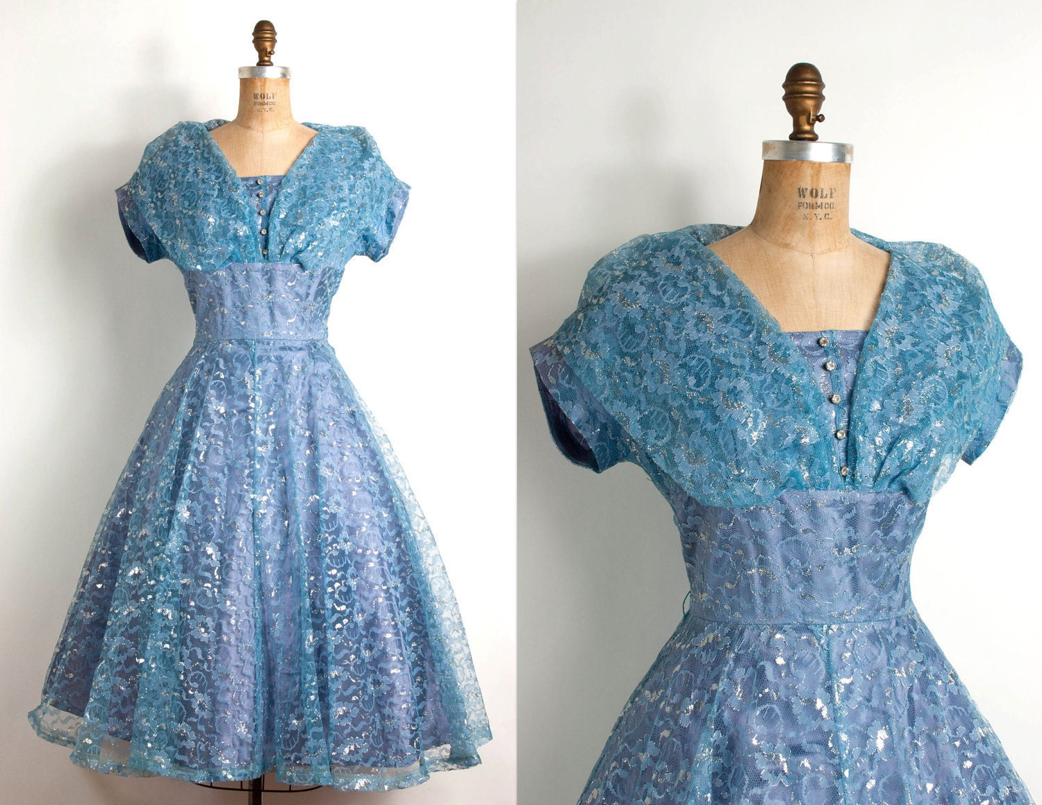 vintage 1950s dress / 50s blue metallic lace party dress (medium-large)