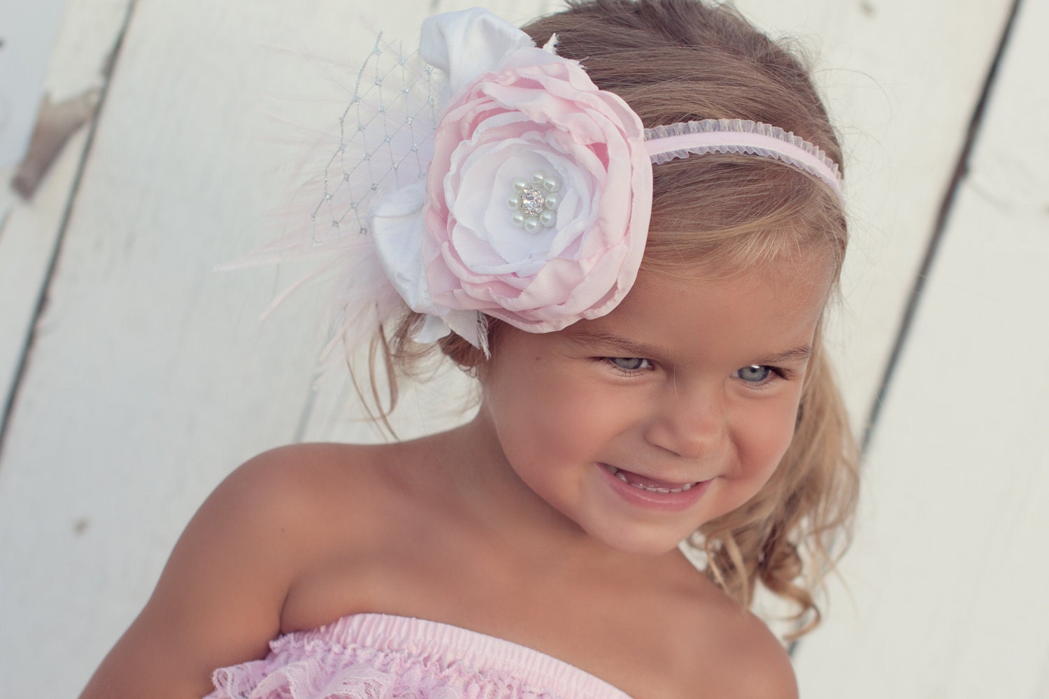 baby pink and white flower headband with baby pink lace ruffle petti romper set
