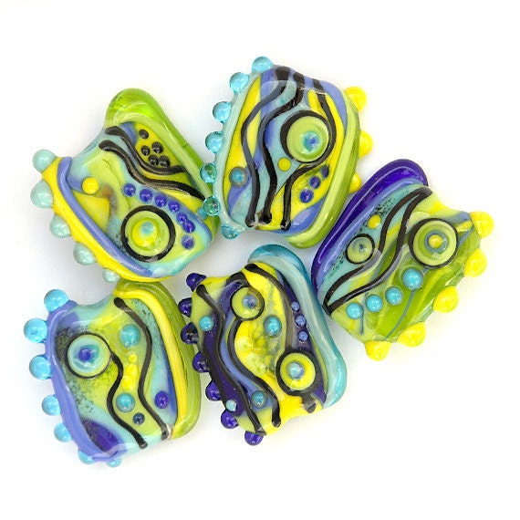 Discovery - Lampwork Bead Set in Blue, Yellow and Green, Handmade Abstract (5) OOAK