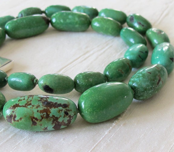 Viridian Green Turquoise Oval Nugget Necklace Sterling Silver
